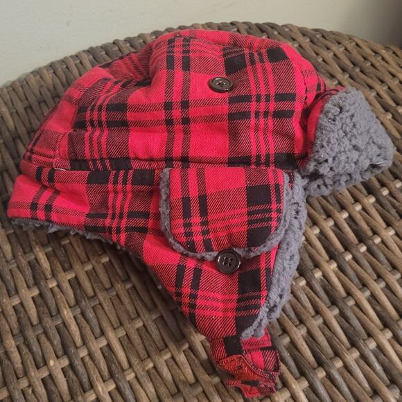 CHILDRENS PLACE Kids Trapper Hat Sz S/M 4/7 Red Plaid Sherpa Lined Winter - Picture 5 of 8